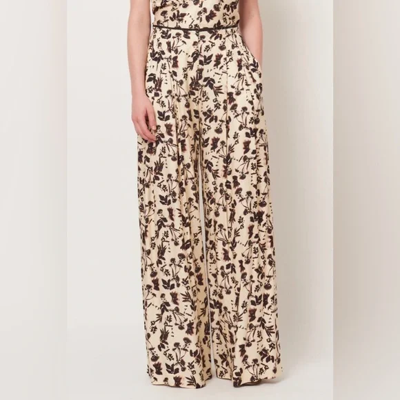 Raquel Allegra Silk Jacquard Trapeze Wide Leg Pants Cream Flower XS Size 0